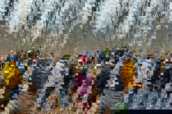 Grupp av människor i lövskog. Foto.